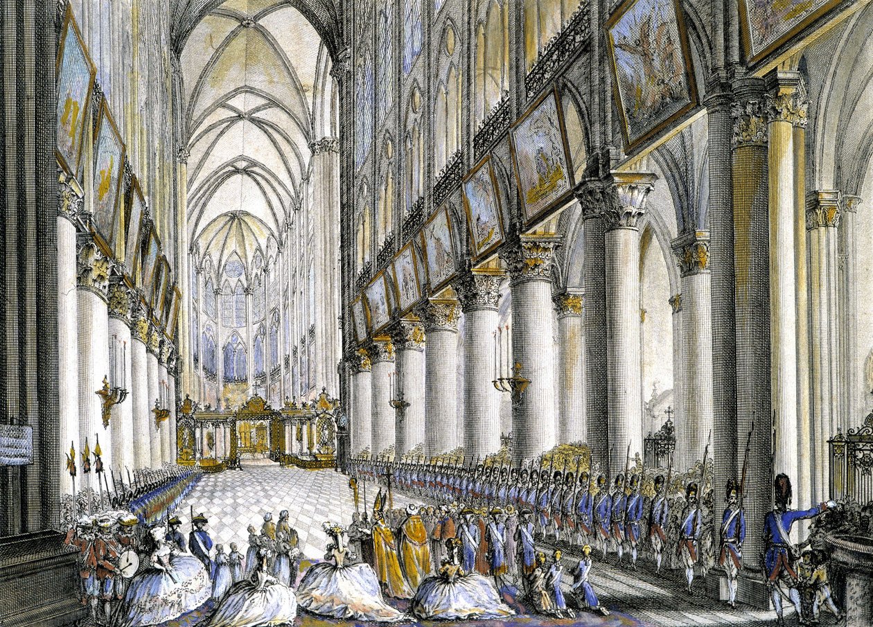 Widok wnętrza katedry Notre-Dame de Paris w chwili przybycia Marii Antoniny (1755-1793), królowej Francji, na słynną mszę z okazji narodzin jej syna, przyszłego Ludwika XVII (1785-1795). Grawerowanie XVIII wieku. autorstwa French School