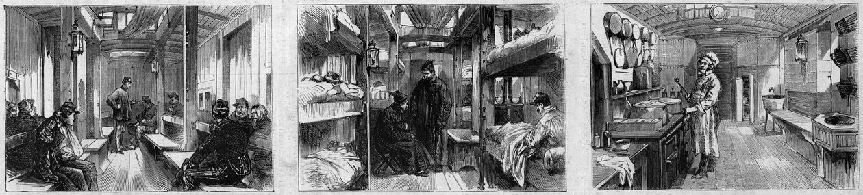 Widok wnętrza wagonu pogotowia i wagonu kuchennego pociągu medycznego francuskiego Societe de secours aux wesses militaires. Grawer w „”Le Monde Illustré””n°846 z 28 czerwca 1873 r. autorstwa French School