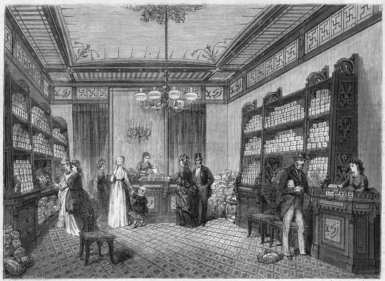 Widok wnętrza kawiarni „Compagnie du Moka-Zanzibar”, znajdującej się w Paryżu przy rue Vivienne 47. Grawerowanie w „”Le Monde Illustré””n°808 z 5 października autorstwa French School