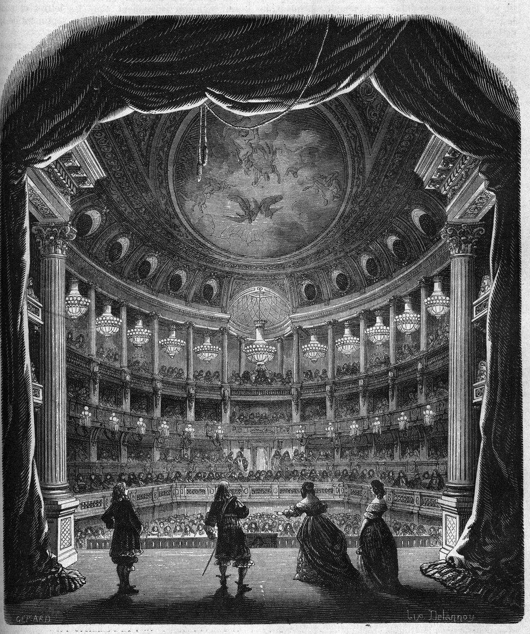 Widok wnętrza teatru zamku w Wersalu. Grawerowanie z lat 1867-1868. autorstwa French School
