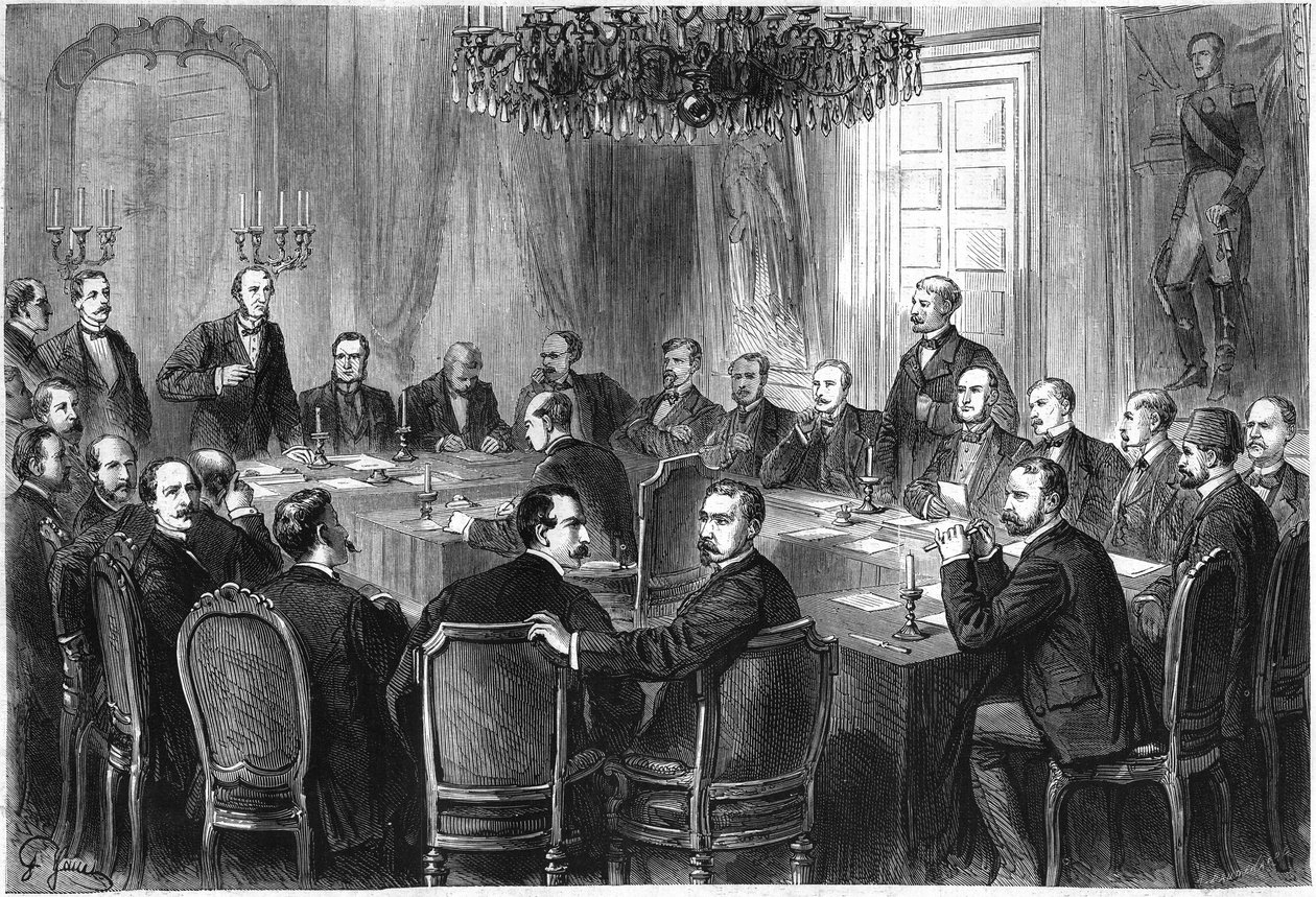 Międzynarodowy Kongres Wojenny, Bruksela, lipiec-sierpień 1874: delegaci z 15 krajów europejskich spotykają się, aby omówić projekt Międzynarodowej Deklaracji Praw i Zwyczajów Wojennych. Grawerowanie w „”Le Monde Illustré””n°908 z 5 września autorstwa French School