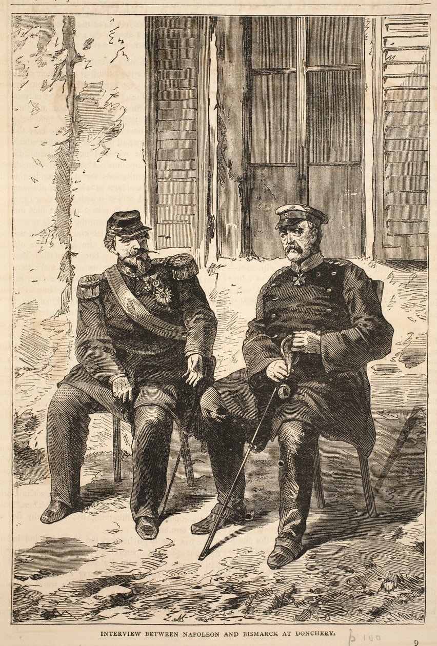 Wywiad między Napoleonem a Bismarckiem w Doncherry, ilustracja z Historii wojny Cassells między Francją a Niemcami, 1870-1871 autorstwa French School