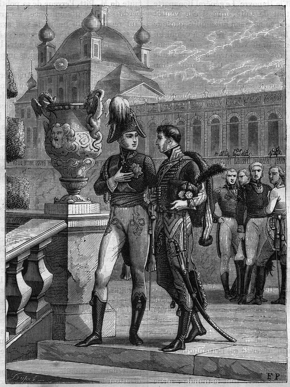 Wywiad z Aleksandrem I z Rosji (1777-1825) i Michelem Durocem (1772-1813) w Sankt Petersburgu w kwietniu 1801 r. - Rycina z 1865 r. w „Histoire du Consulate et de la Empire” Ludwika Adolphe Thiers - Rozmowa między cesarzem Aleksandrem I Rosja (1777- autorstwa French School