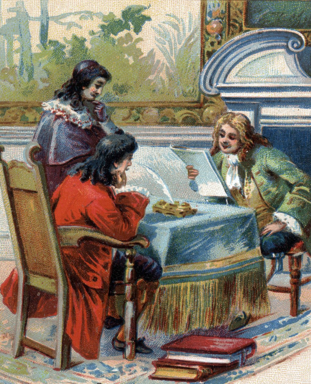 Wywiad z Gottfriedem Wilhelmem Leibnizem (1646-1716), niemieckim filozofem, z Jacques-Benigne (Jacques Benigne) Bossuetem (1627-1704), francuskim teologiem i pisarzem. chromolitografia. autorstwa French School