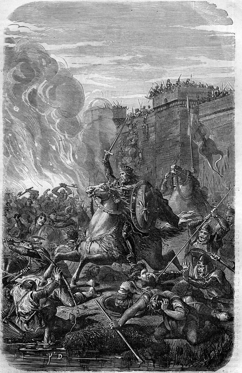 Najazd i plądrowanie Rzymu przez króla Wizygotów Alaryka I w 410 r. Grawer w „Histoire des Papes-Rois-Queen and Empereurs a travers les Century” Maurice Lachatre autorstwa French School