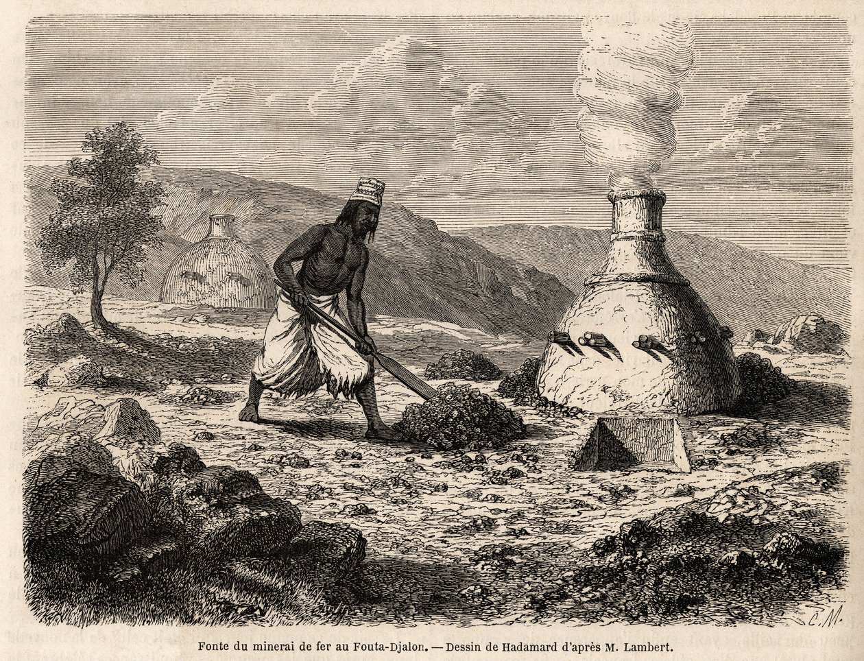 Wytapianie rudy żelaza w Fouta Djalon w Senegalu, rysunek Hadamarda ilustrujący podróż porucznika Lamberta do Fouta Djalon w 1860 r. Rycina w "Le tour du monde" 1861. Kolekcja Selvy. autorstwa French School