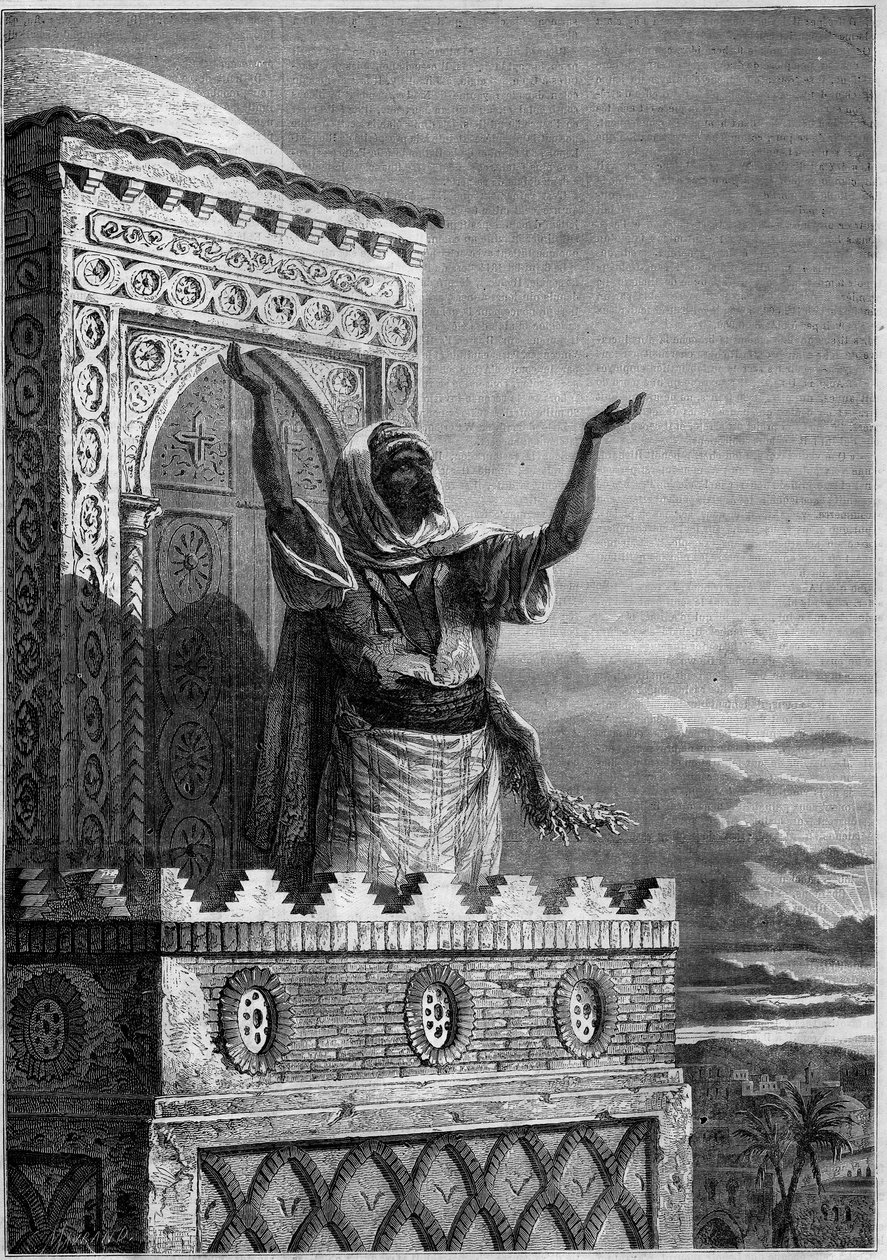 Islam: Muezin wzywający wiernych na wieczorną modlitwę z minaretu meczetu w Afryce. Grawer w „Le Monde Illustré” nr 297 z 20 grudnia 1862 r. autorstwa French School