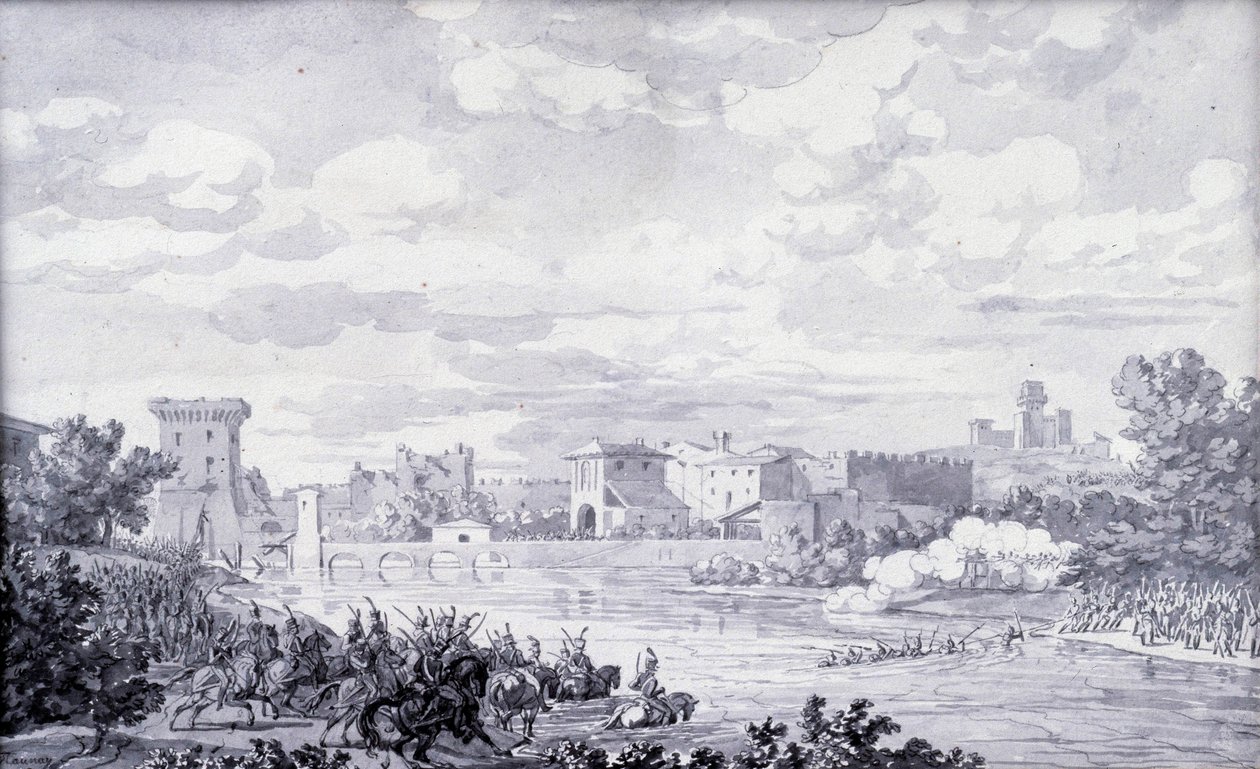 Włoska wieś: armia francuska przeszła rzekę Mincio do Borghetto w 1796 roku. Anonimowy rysunek. Paryż, Muzeum Luwr autorstwa French School