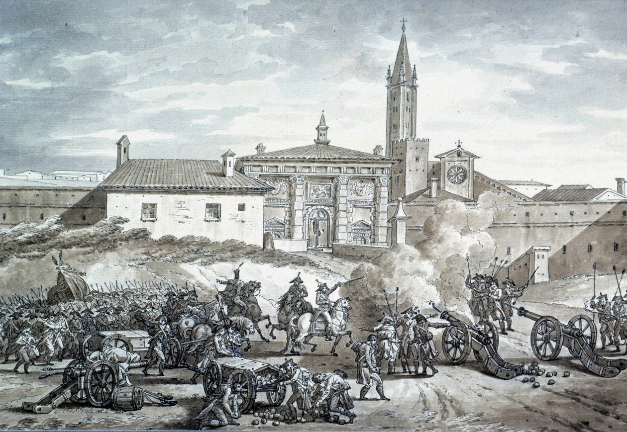 Wieś włoska: okupacja Werony przez wojska francuskie Napoleona Bonaparte (1789-1821). Anonimowy rysunek około 1797 r. Paryż, Luwr autorstwa French School
