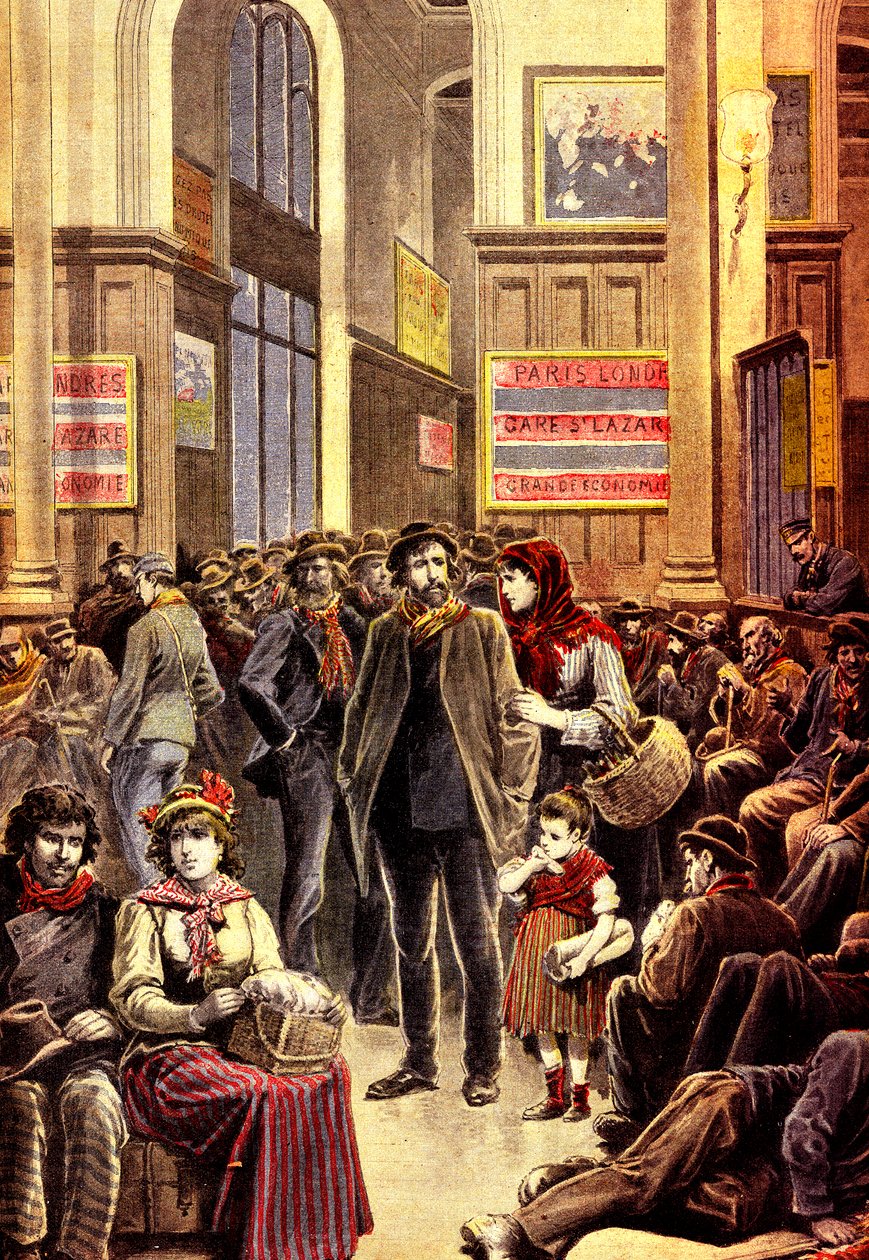 Włoscy emigranci w Paryżu na stacji kolejowej Gare Saint Lazare w marcu 1896 (ryc.) autorstwa French School