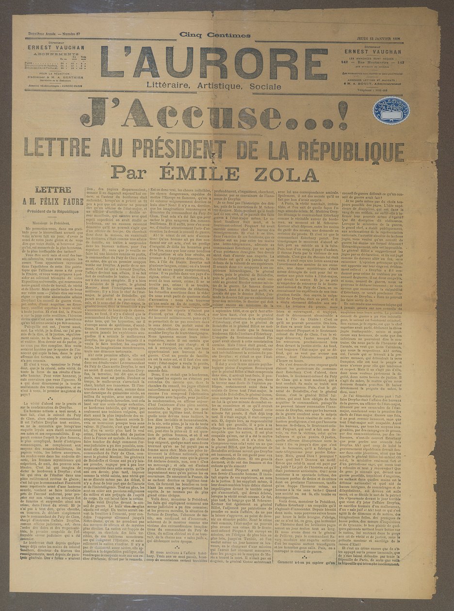 List JAccuse autorstwa Emile Zola (1840-1902), opublikowany w LAurore, 13 stycznia 1898 (druk) autorstwa French School
