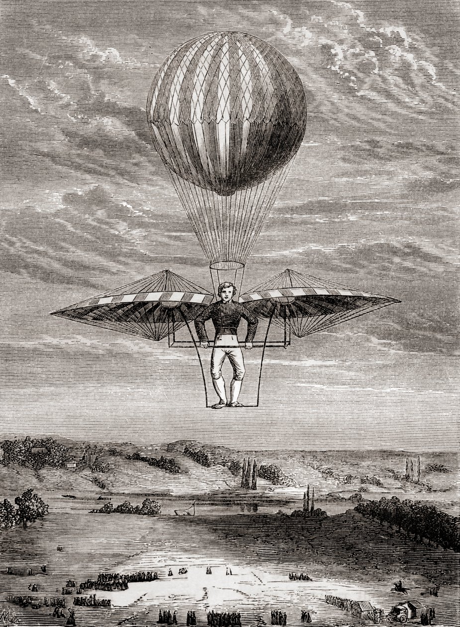 Ornitopter Jacoba Degena z 1808 r. z zaworami klapowymi, w którym pilot stał na sztywnej ramie i obsługiwał skrzydła za pomocą ruchomego poziomego pręta, z "Les Merveilles de la Science", opublikowanego ok. 1870 r. (litografia) autorstwa French School