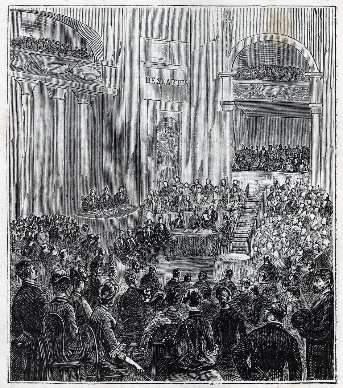 Jacques Babinet (1794 - 1872), francuski fizyk i astronom na uroczystym zebraniu pięciu akademii w 1840 r. - Grawerowanie w "Naukach dostępnych dla wszystkich - fizyka i chemia" Alexisa Clerca - koniec XIX wieku. Prywatna kolekcja. autorstwa French School