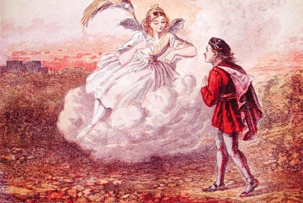 Jacques i wróżka, ilustracja do bajki „Jacques et ses Trois Voyages”, ok. 1860 (kolorowa grawerunek) autorstwa French School
