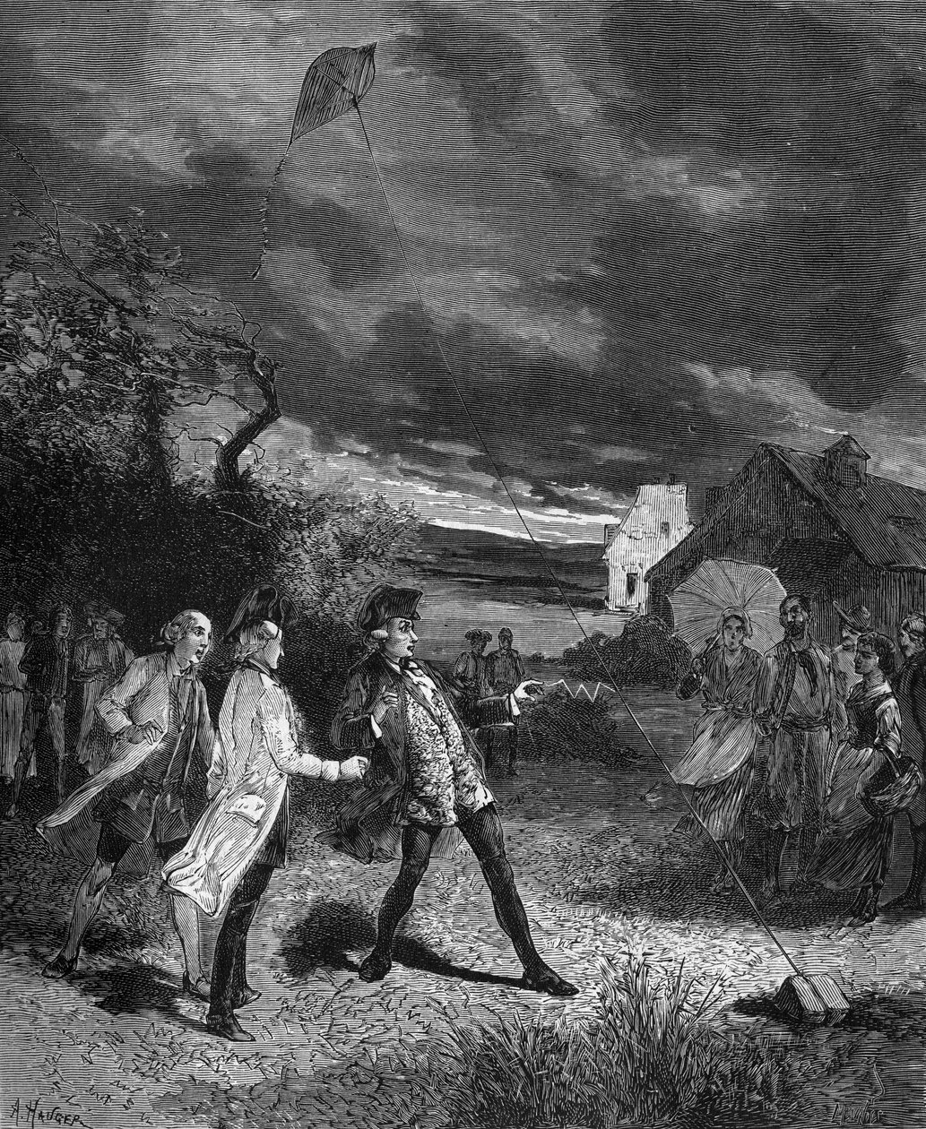 Jacques de Romas (1713-1776), francuski fizyk, eksperymentujący z latawcem do przechwytywania elektryczności atmosferycznej w 1752 roku. autorstwa French School