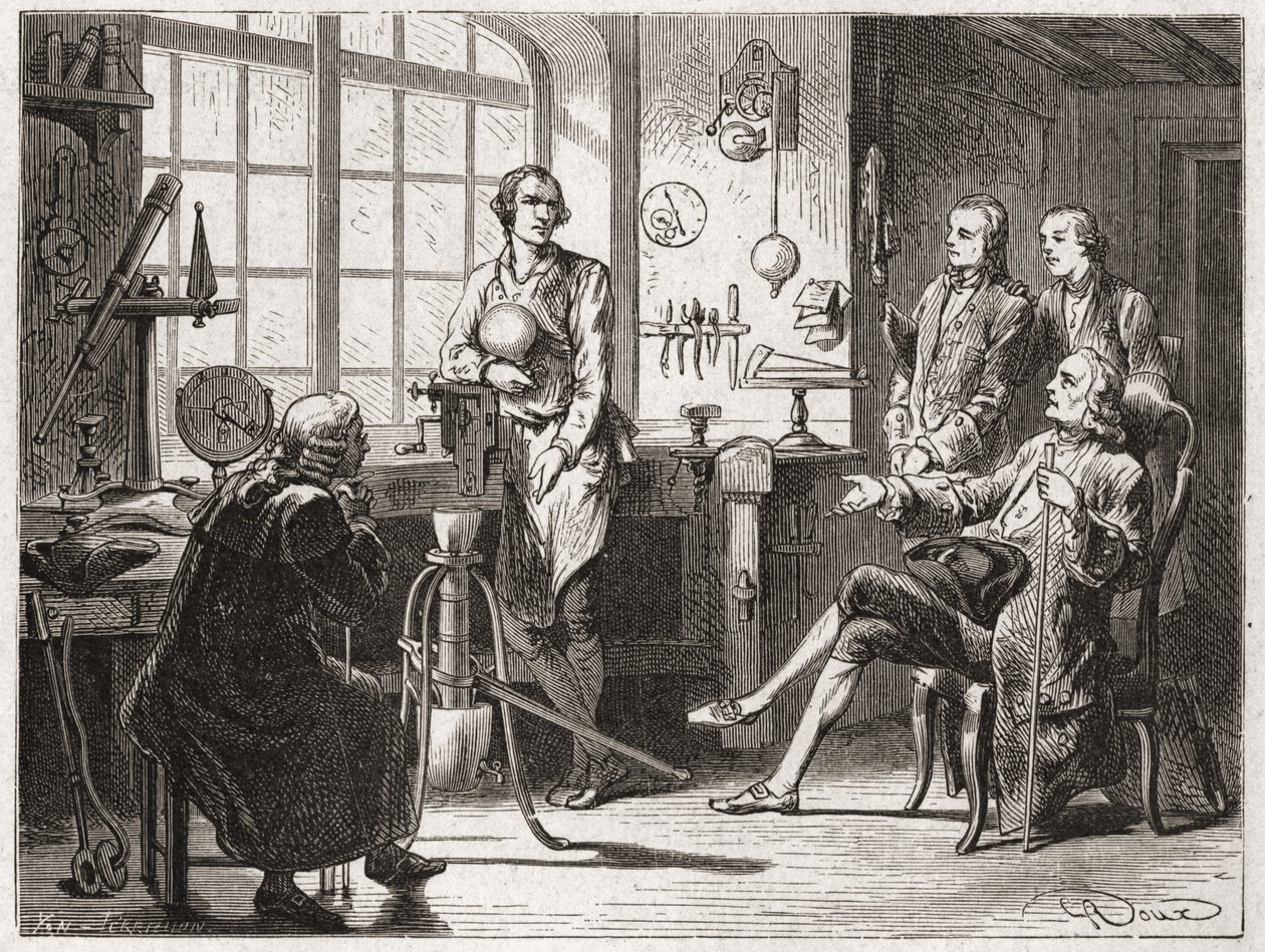 James Watt (wynalazca maszyny parowej w 1769 r.) w swoim sklepie Glascow - w „Albumie nauki”; wybitni naukowcy; Wielkie odkrycia”” 1896. autorstwa French School