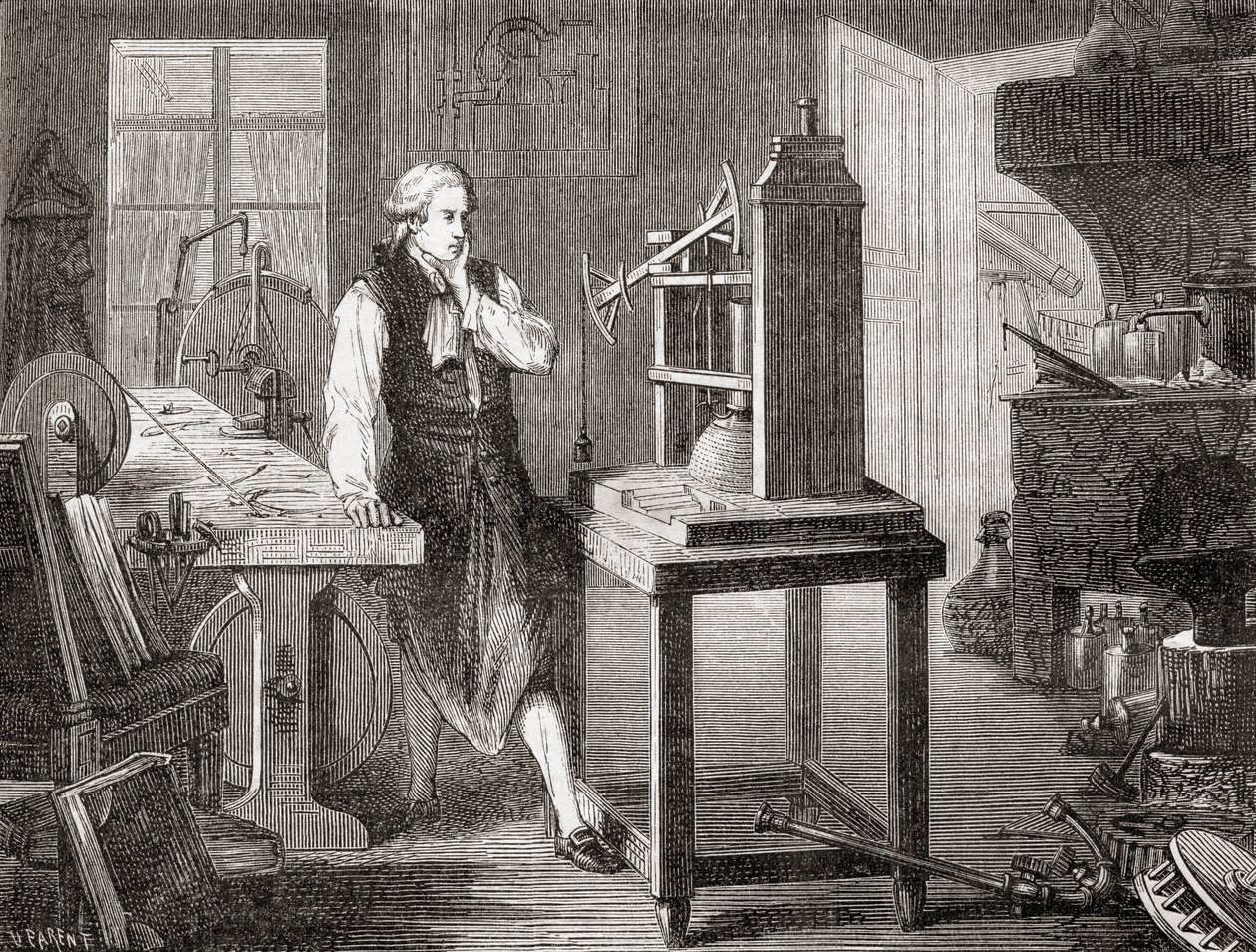 James Watt w swoim warsztacie w Glasgow ulepszał maszynę parową Thomasa Newcomena 1712 Newcomen z silnikiem parowym Watta w 1781, z Les Merveilles de la Science, wyd. 1870. autorstwa French School
