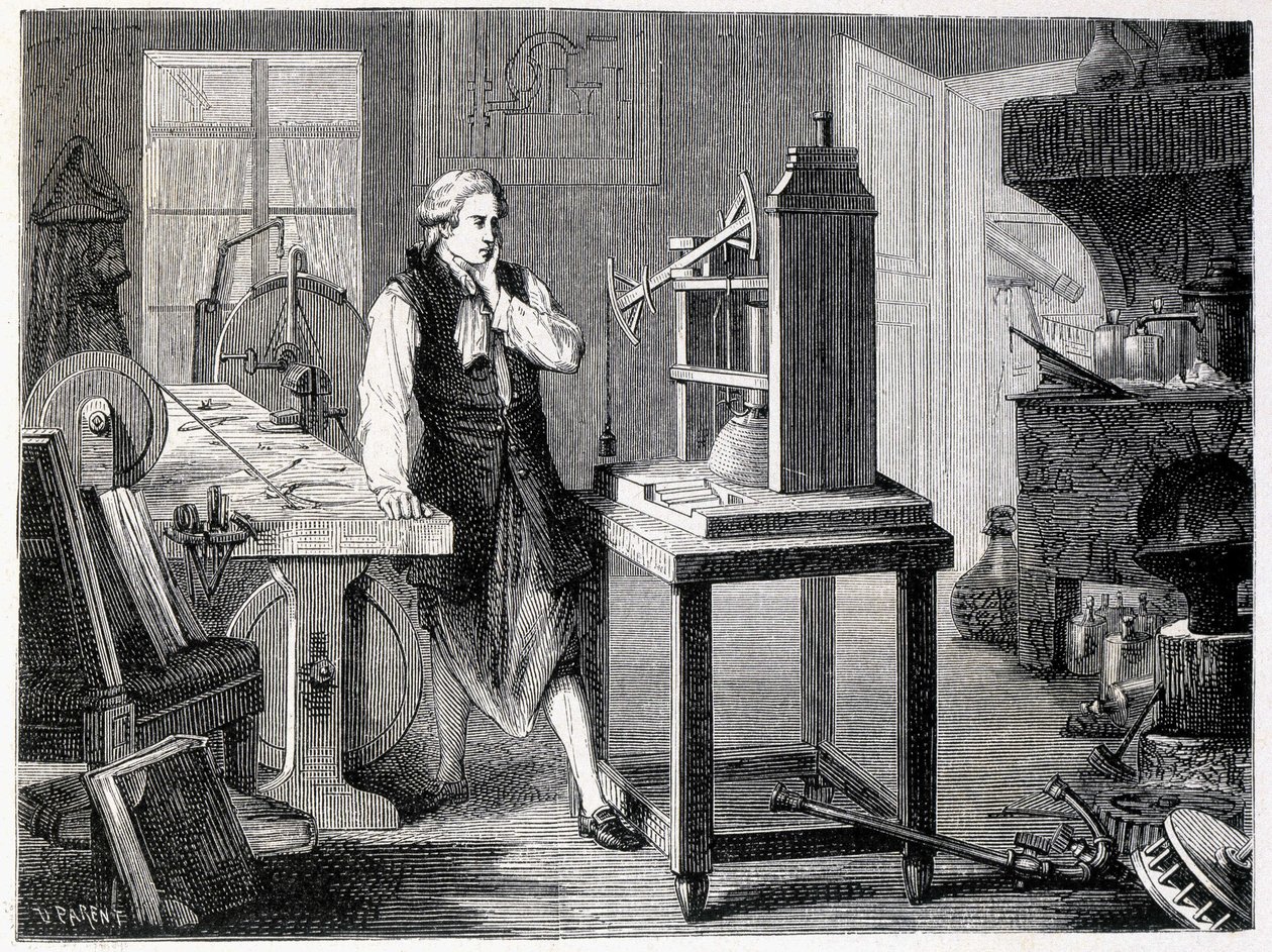 James Watt studiujący doskonalenie maszyny Newcomena (1767) - w „Albumie nauki”; wybitni uczeni; Wielkie odkrycia”” 1896. autorstwa French School