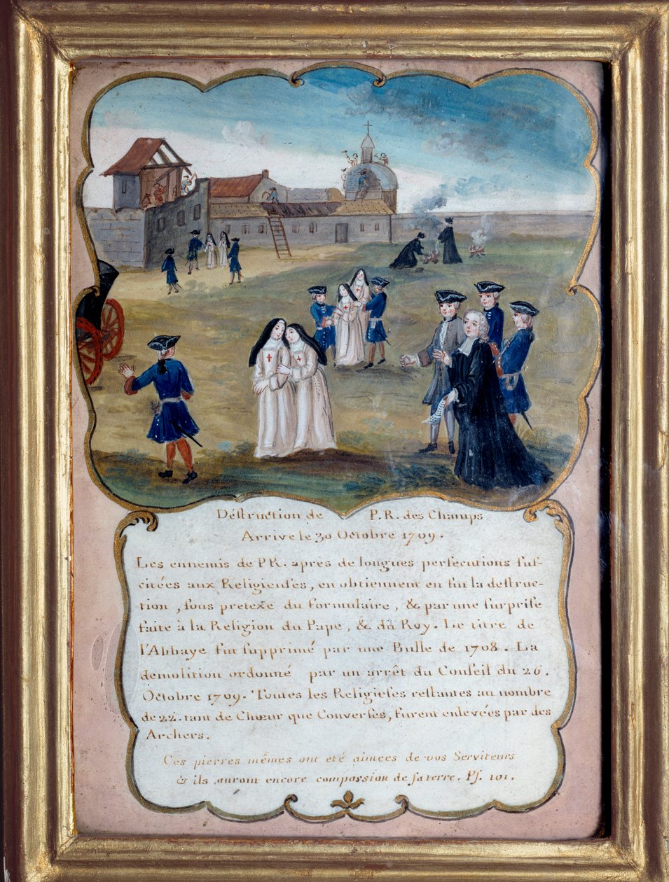 Jansenizm „”Zniszczenie opactwa Port royal des champs (Port-Royal-des-Champs) w 1709 r. za oskarżenie o herezję””. Anonimowy gwasz z XVIII wieku. Port Royal, Musee Des Granges. autorstwa French School