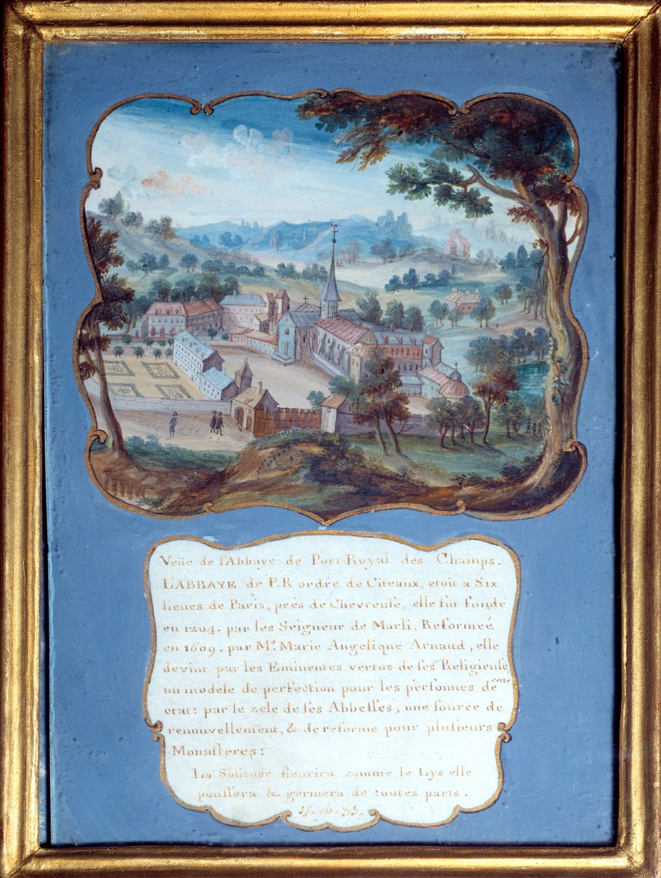 Jansenizm „”Perspektywiczny widok opactwa Port royal des champs””. Widok na klasztor Port-Royal-des-Champs). Anonimowy gwasz z XVIII wieku. Port Royal, Musee Des Granges. autorstwa French School
