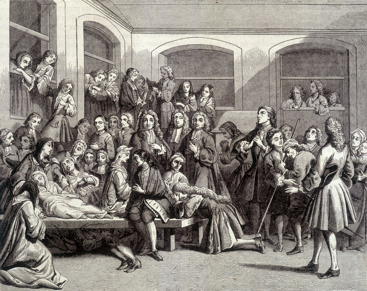 Jansenizm: konwulsje na cmentarzu Saint-Médard na grobie diakona Parîsa (1690-1727), gdzie miały miejsce „cuda”. Druk z XVIII wieku. autorstwa French School