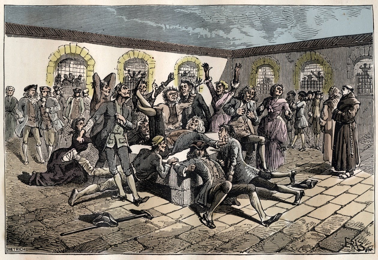 Jansenistowskie konwulsje (lub św. Medard) (Dzieła konwulsji) w XVIII wieku: „” chorzy i niedołężni udają się na cmentarz św. - Kon autorstwa French School