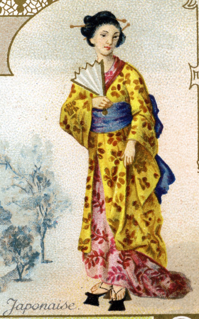 Japonka. Wydanie litografii paryskiej, koniec XIX wieku. Seria 25 farb reklamowych do manufaktury Biscuits Pernot w Dijon, stworzona w 1869 roku. Szczegóły postaci w strojach ludowych autorstwa French School