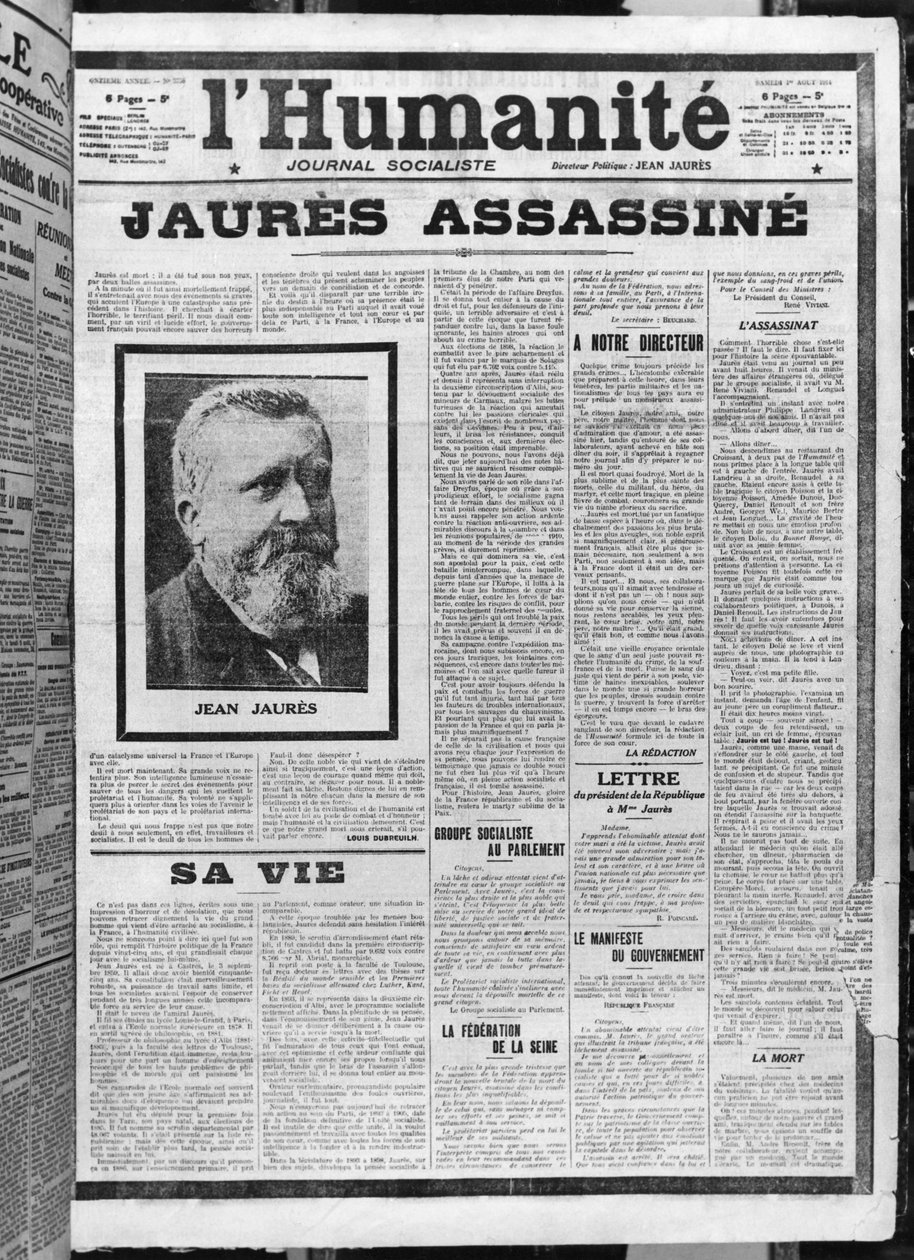 Zamordowany Jaures, z LHumanite, 1 sierpnia 1914 (fotolit) autorstwa French School