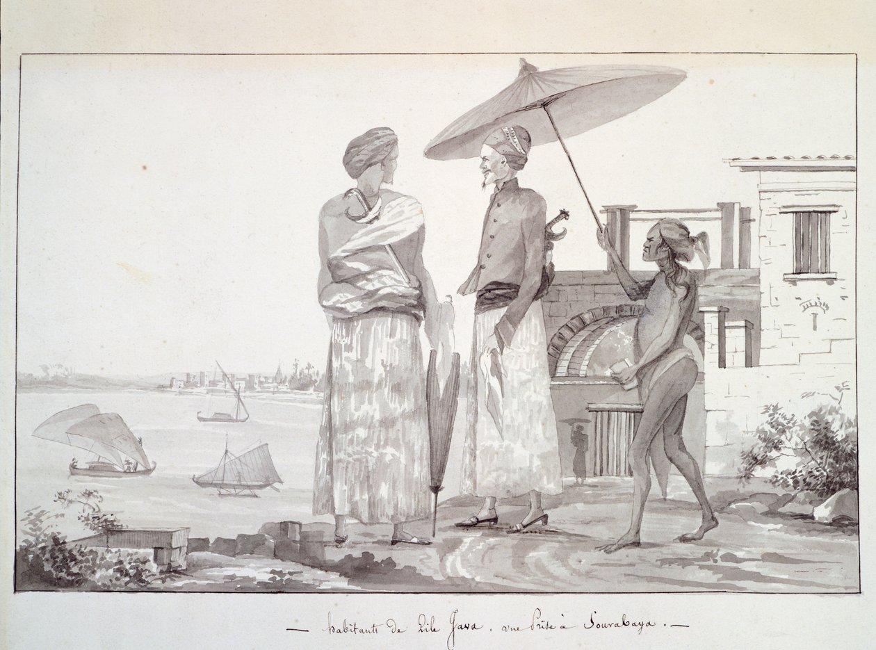 Mieszkańcy wyspy Java w drodze do Surabaya, ilustracja z Podróży dookoła świata autorstwa Louisa Isidore