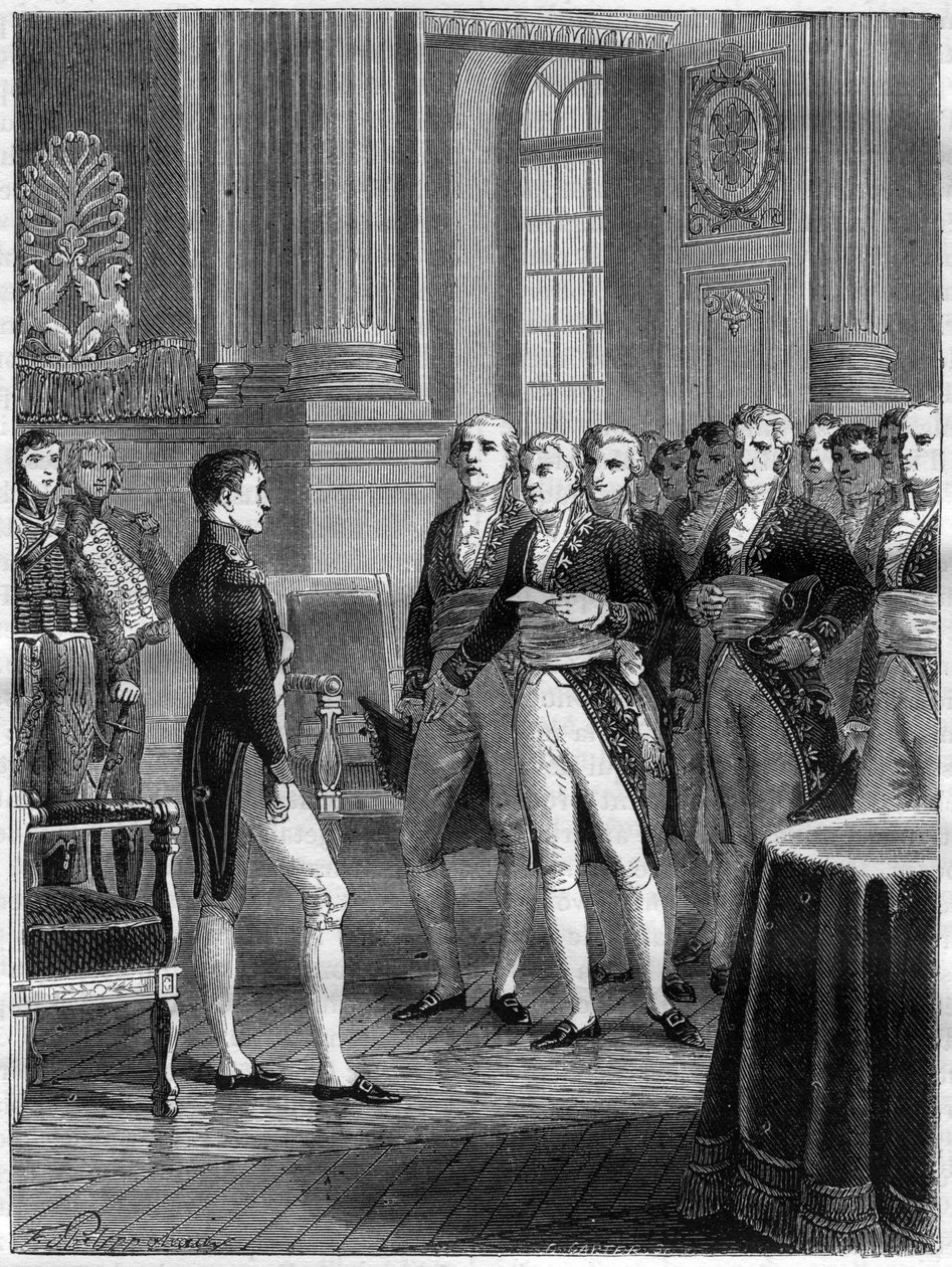 Rozmowa Jean-Pierre-Louis de Fontanes z Pierwszym Konsulem Napoleonem Bonaparte z okazji ukończenia Kodeksu Cywilnego, Paryż autorstwa French School