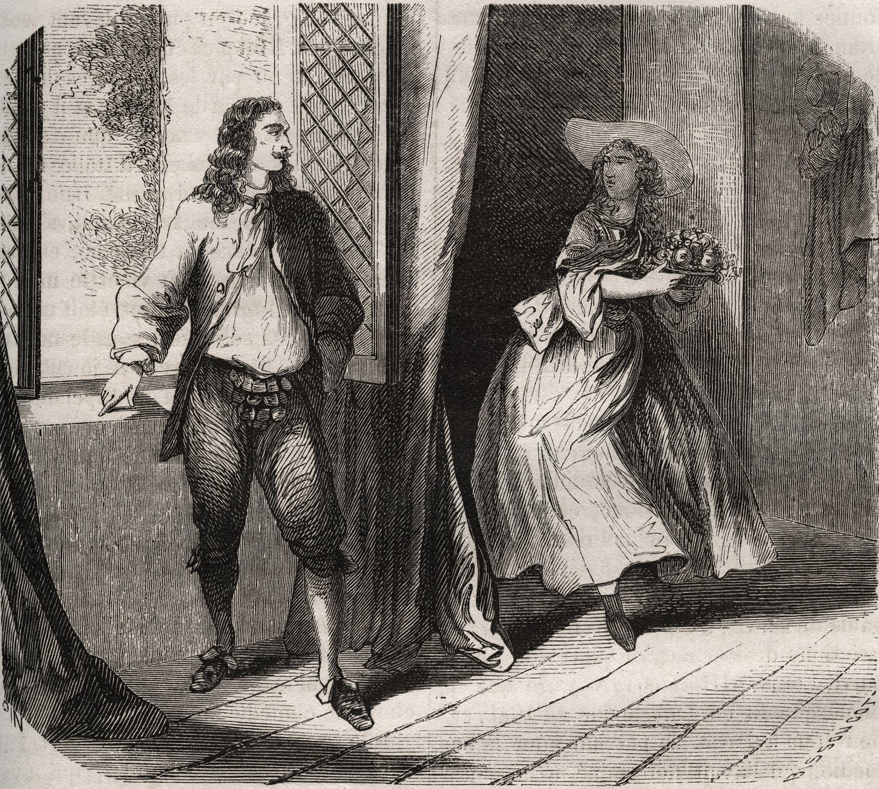 Jean Baptiste (Jean-Baptiste) Poquelin, dit Moliere (1622-1673) oświadczył się komikowi Mademoiselle de Brie (Catherine Leclerc du Rose autorstwa French School