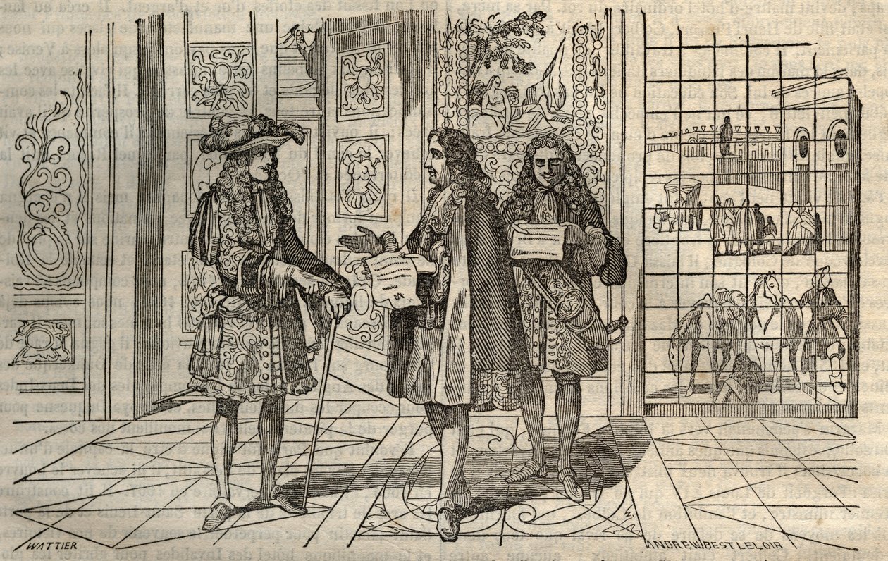 Jean Baptiste Colbert (Jean-Baptiste) (1619-1683) na spotkaniu z królem Ludwikiem XIV i Francois Louvois (1641-1691) w Wersalu - rycina wg Leclerca - autorstwa French School