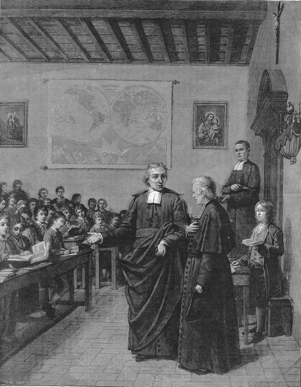 Jean Baptiste De La Salle (Jean-Baptiste) 1651-1719 Francuski zakonnik, założyciel zgromadzenia braci Szkół Chrześcijańskich, pokazując jedną ze swoich szkół M. de La Chetardie. Rycina z końca XIX wieku. autorstwa French School