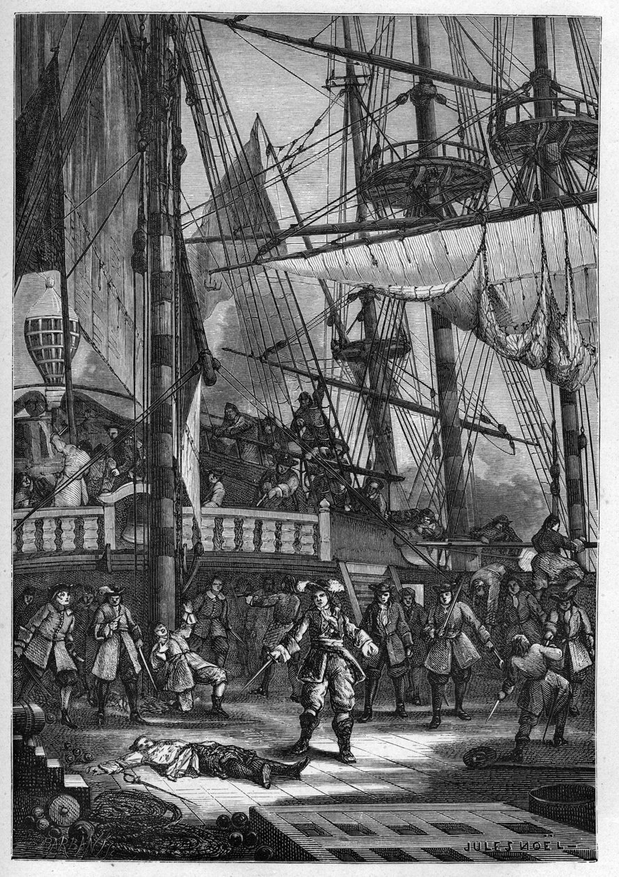Jean Bart zabija holenderskiego kapitana „Neptuna” - Jean Bart (1650-1702) zabija holenderskiego kapitana Neptuna - rycina z „”L