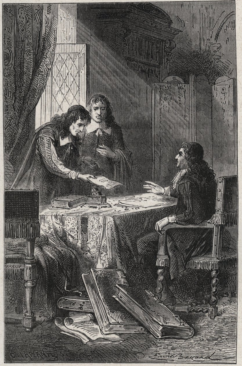 Jean Chapelain (1595-1674) francuski poeta i krytyk literacki oraz Pierre Costar (1603-1660) przekazali Jeanowi Baptiste Colbertowi (1619-1683) listę pisarzy, którzy zasługują na bycie pensjonariuszami króla - grawerowanie w „Les Hommes Celebres de la Fran autorstwa French School