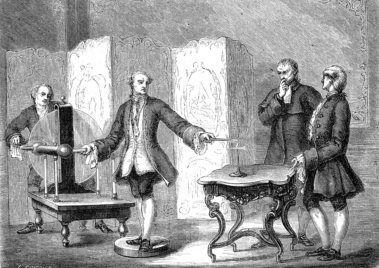 Jean JALLABERT (1712-1768), szwajcarski fizyk, odkrywa elektryczność na ostrych przedmiotach (Power of the Pointe autorstwa FRANKLIN). rycina 1867 autorstwa French School