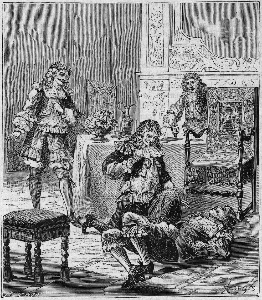 Jean de SANTEUL (Santeuil) (1630-1697) trucizny z kieliszkiem wina, do którego włożono tytoń z Hiszpanii - Grawerowanie w „Naukach udostępnionych każdemu - fizyka i chemia” Alexisa Clerca - Koniec XIX wieku - Kolekcja prywatna autorstwa French School