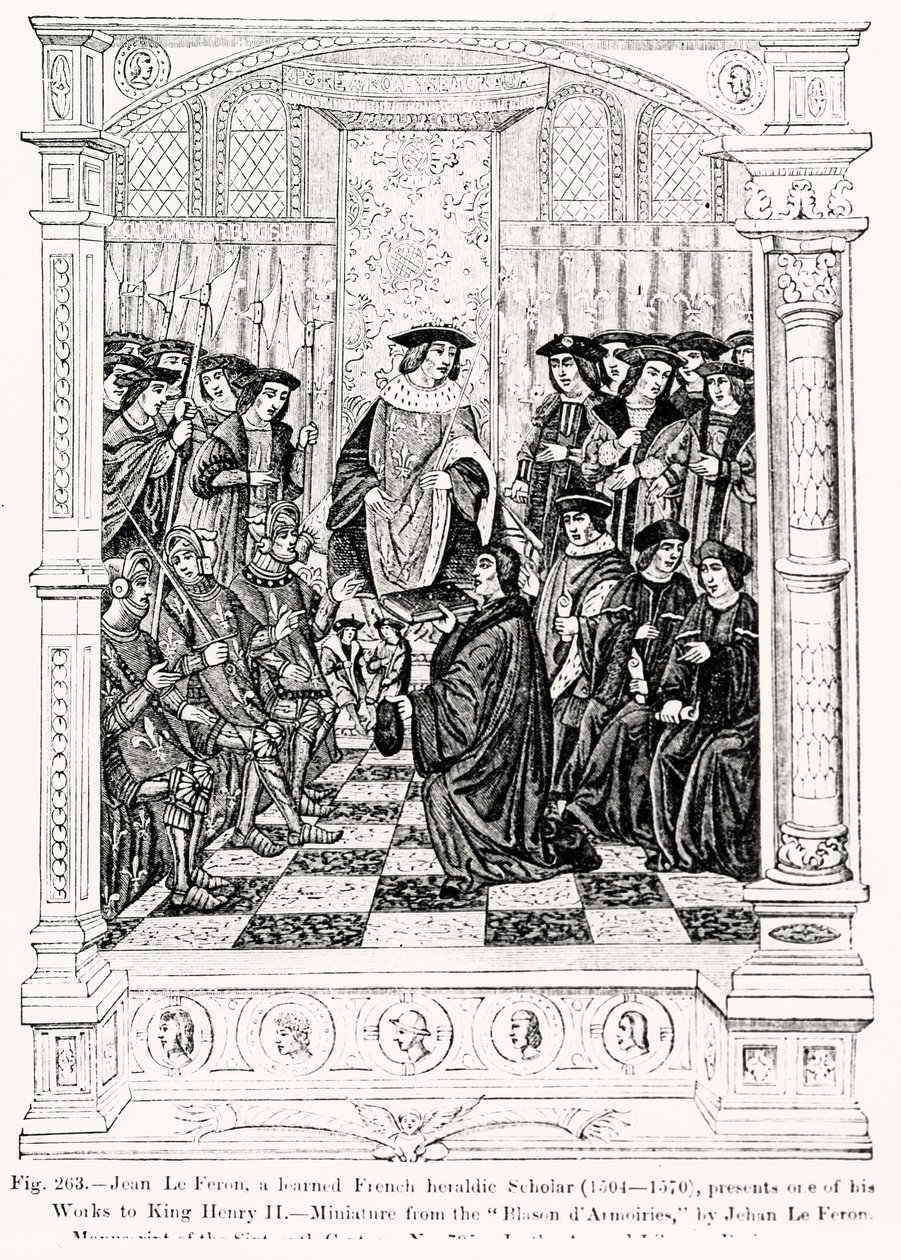 Jean le Feron (1504-70) przedstawia jedno ze swoich Dzieł królowi Henrykowi II (1519-89) z Blason dArmoires, autorstwa Jeana le Ferona, ilustracja z Nauki i literatury w średniowieczu i renesansu napisane autorstwa French School