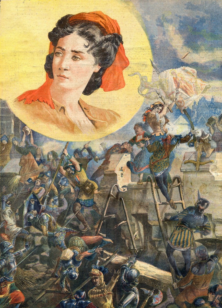 Jeanne Laisne (1456-?), znana jako Jeanne Fourquet, przydomek Jeanne Hachette Bohaterka francuska - Jeanne Hachette at the Siege of Beauvais 1472 - Ilustracja do Le petit Journal, 8 stycznia 1894 autorstwa French School
