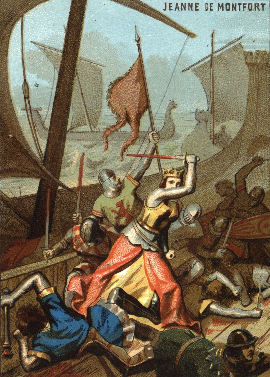 Jeanne de Montfort i La Bretagne (1342): Jeanne de Montfort wspierała bitwę morską w pobliżu Guernsey. Chromolitografia z cyklu „Wychowanie patriotyczne przez obraz”. autorstwa French School