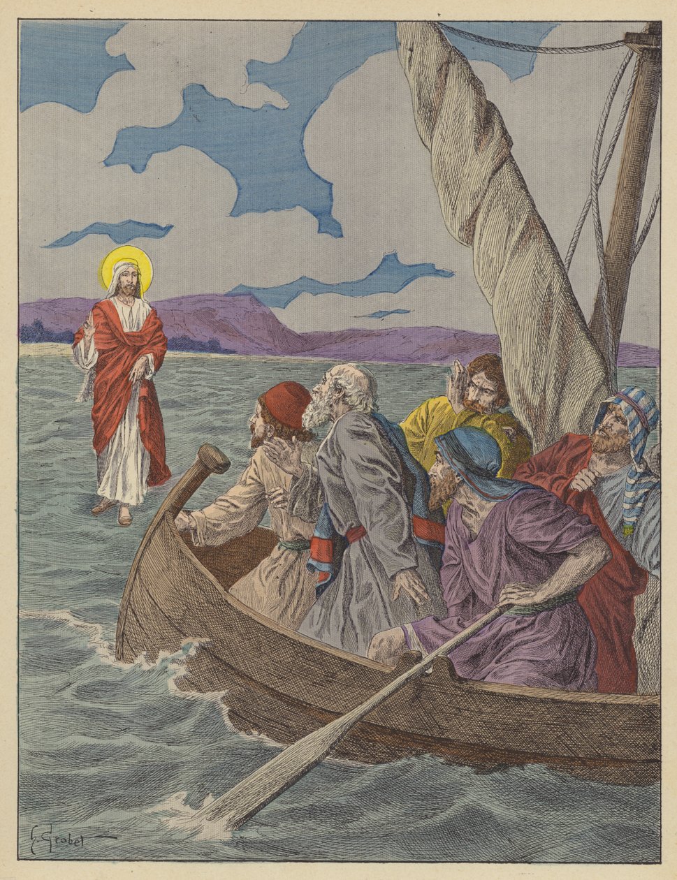 Jezus Chrystus kroczący po wodach (kolorowa litografia) autorstwa French School