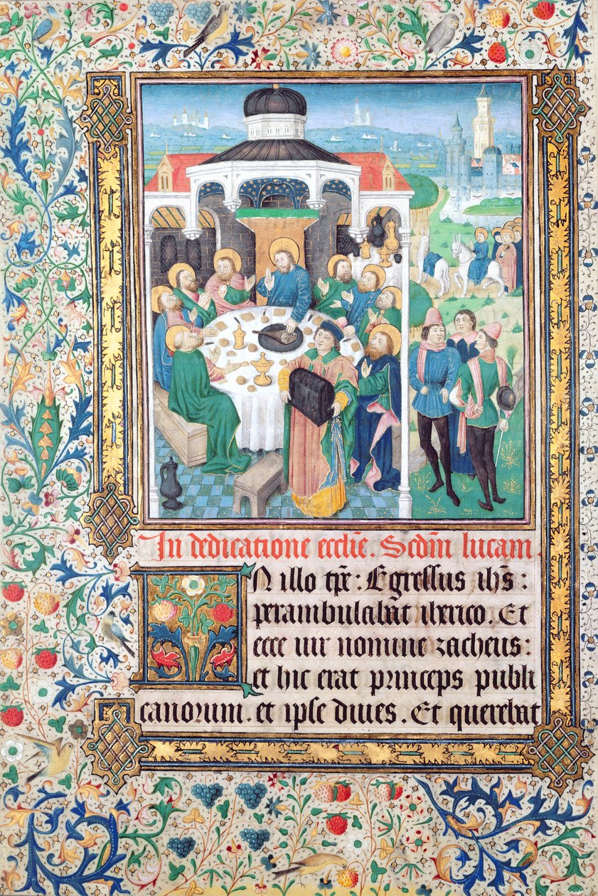 Jezus jedzący w domu celnika, Zacheusz i wjazd do Jerozolimy, miniatury z Ewangelii Łukasza autorstwa French School
