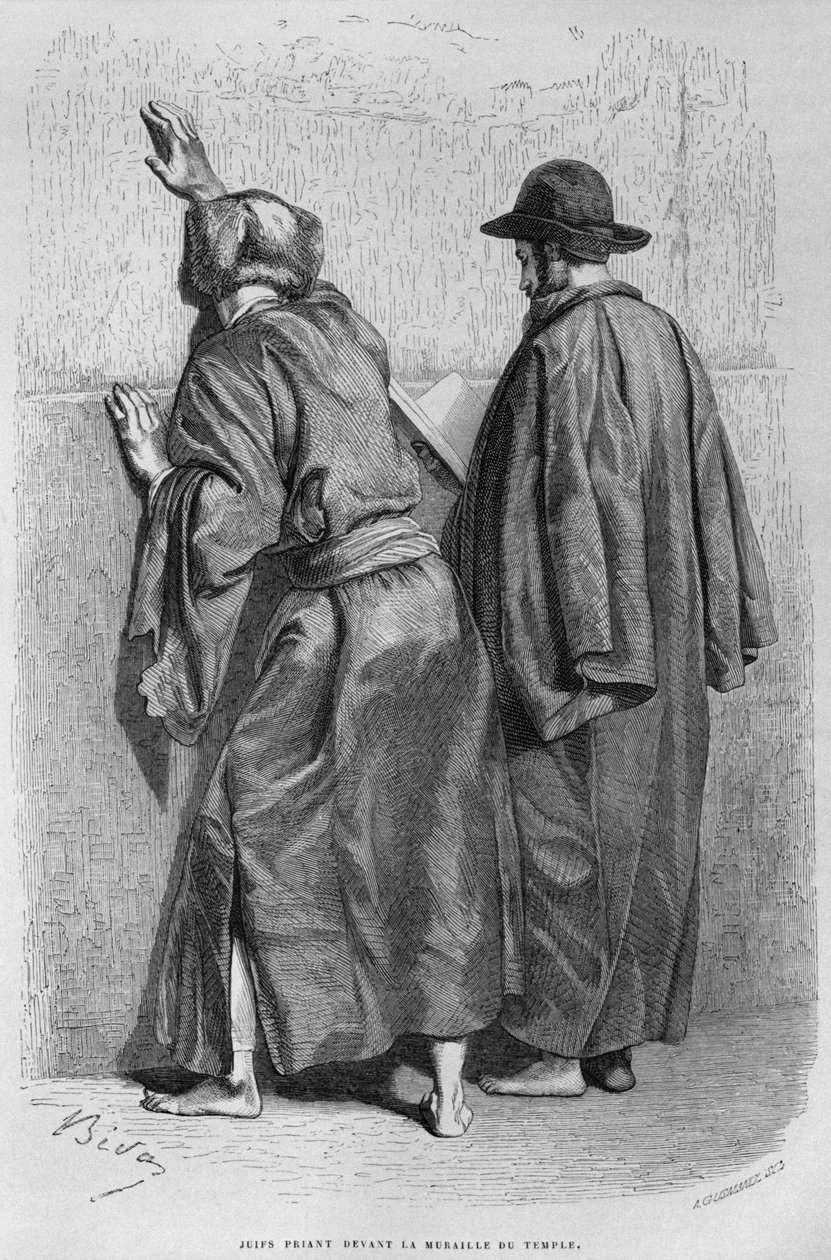Żydowscy mężczyźni pod Ścianą Płaczu, z dzisiejszej Syrii. Podróżuje po Fenicji, Libanie i Judei. 1875-1880 Louis Charles Emile Lortet, 1884 (bw grawerowanie) autorstwa French School