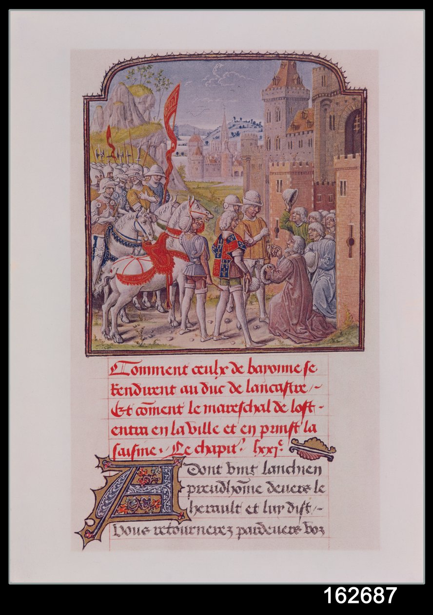 Jan z Gaunt przyjmowany przez mieszkańców Bayonne u bram miejskich, z Kroniki Froissarts, koniec XV w. autorstwa French School