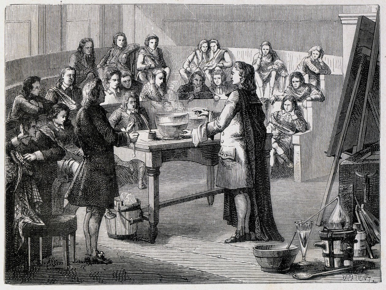 Joseph Black (1728 - 1799), brytyjski chemik i fizyk, doświadcza utajonej kaloryczności przed studentami Uniwersytetu w Glascow autorstwa French School