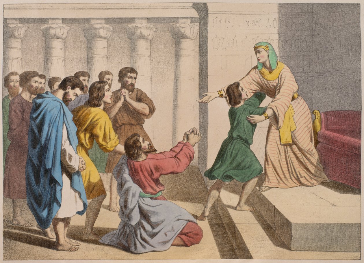Józef pozwala się rozpoznać swoim braciom, ilustracja z katechizmu LHistoire Sainte, wyd. Charles Delagrave, Paryż, koniec XIX w. autorstwa French School