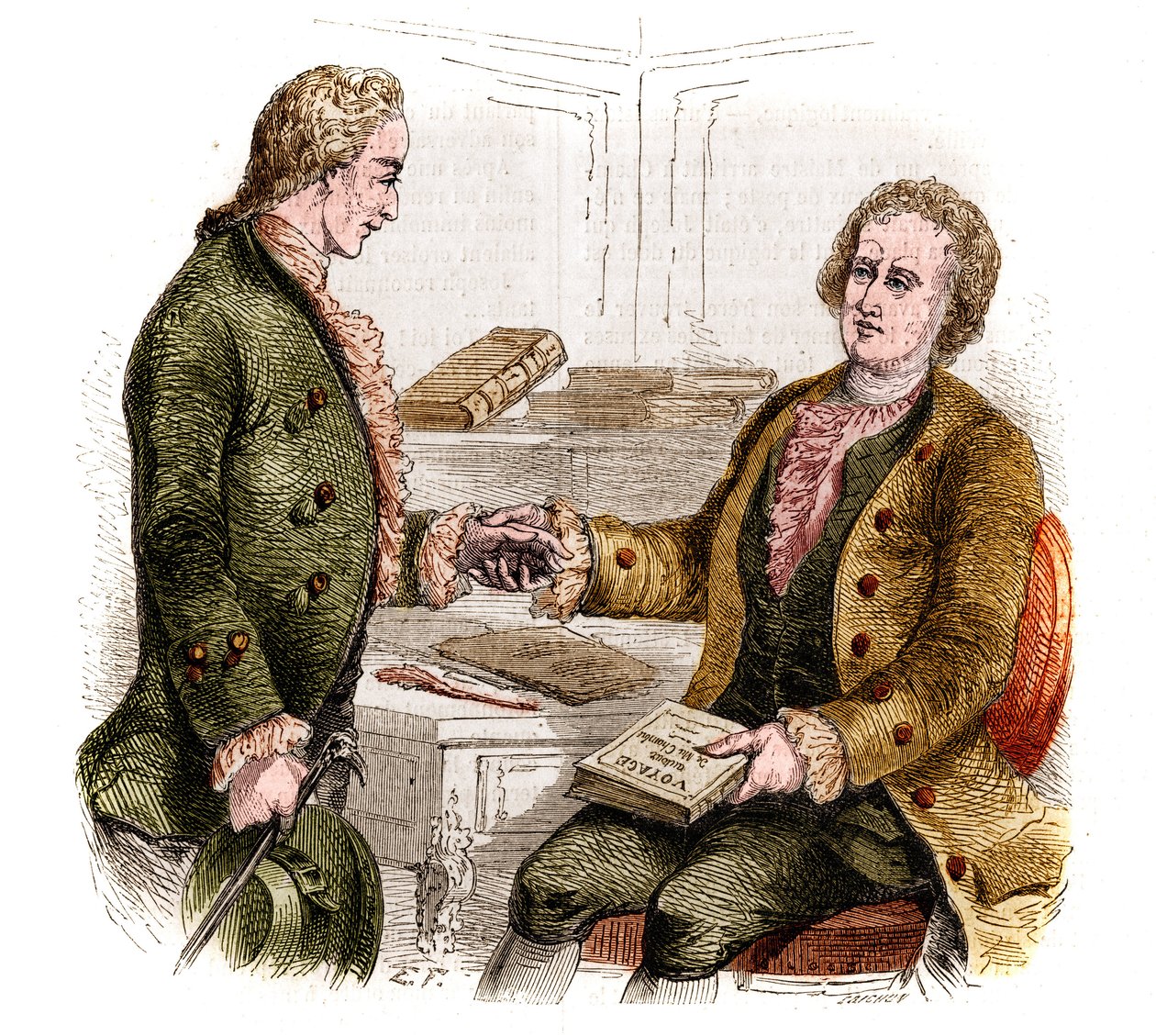 Joseph de Maistre (1753-1821), francuski polityk, pisarz i filozof oraz hrabia Xavier de Maistre (1763-1852), francuski oficer i pisarz z pierwszym egzemplarzem „Podróży po moim pokoju”. Rysunek lasu. Grawerowanie z 1852 roku. autorstwa French School
