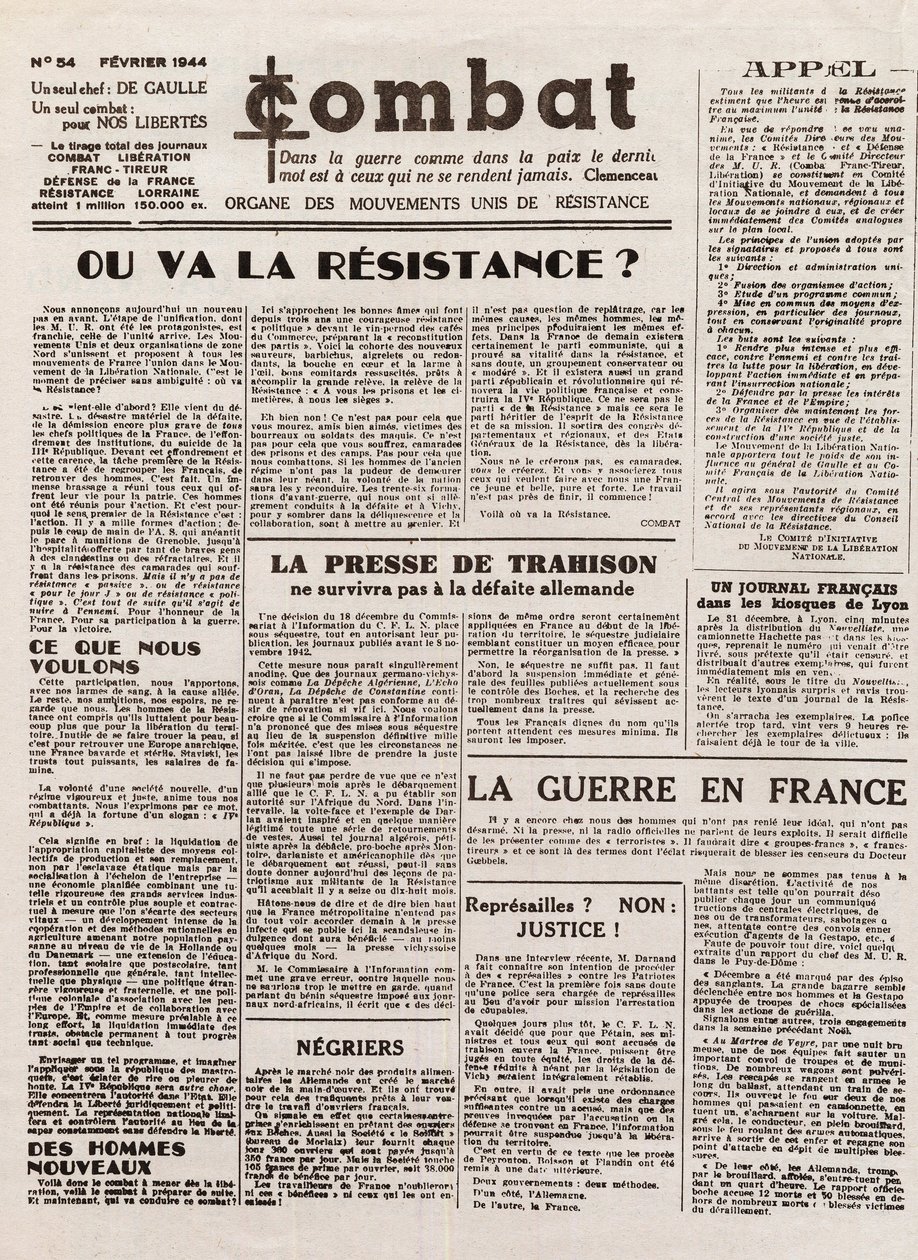 Dziennik COMBAT - nr 54 - luty 1944 - organ zjednoczonego ruchu oporu. (tajna gazeta) - Dokąd pójdzie ruch oporu? autorstwa French School