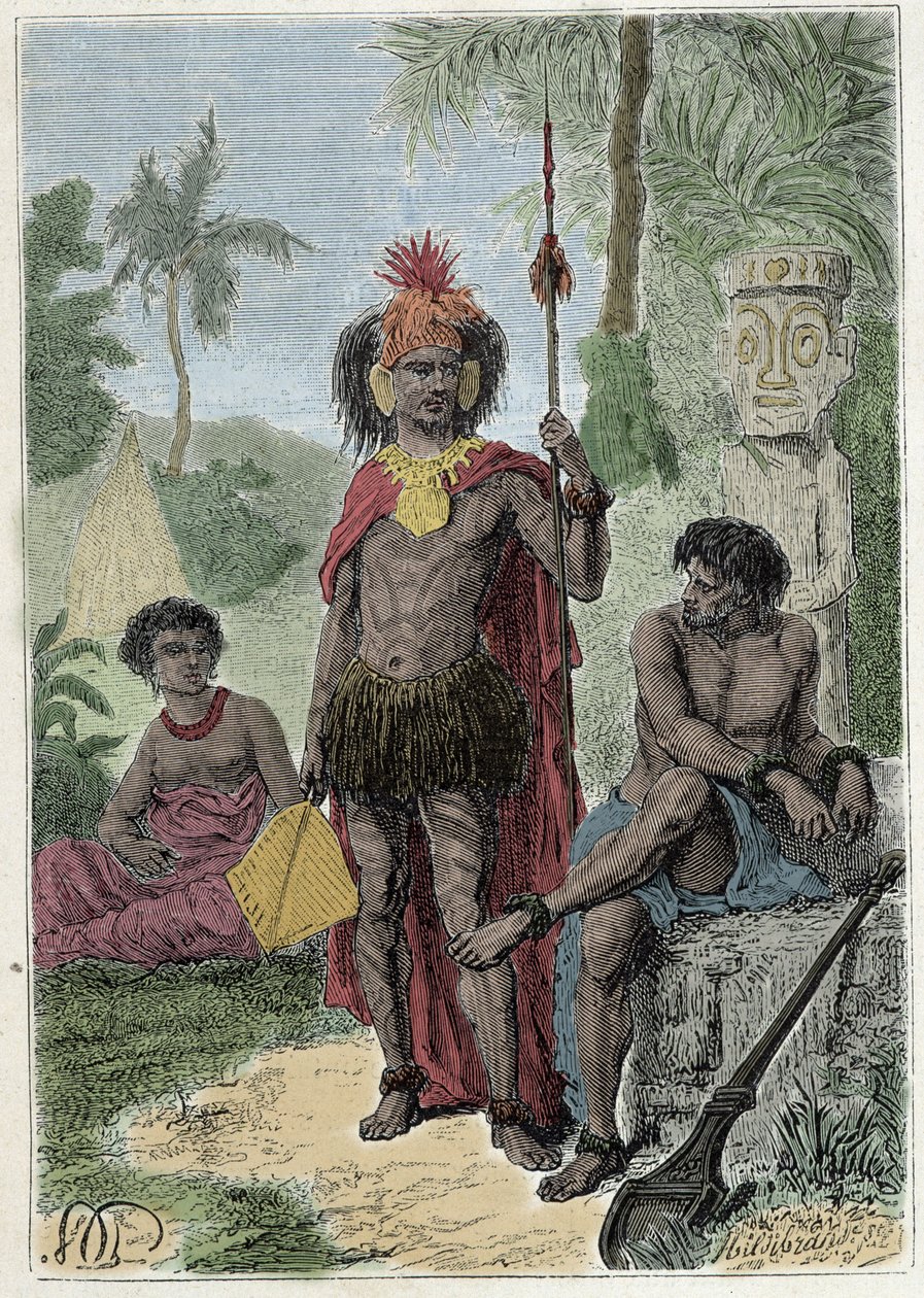 Podróż kapitana Jamesa Cooka (1728-1779): tubylcy z Markizów - ilustracja zaczerpnięta z „Wielkich marynarzy XVIII wieku”” autorstwa French School