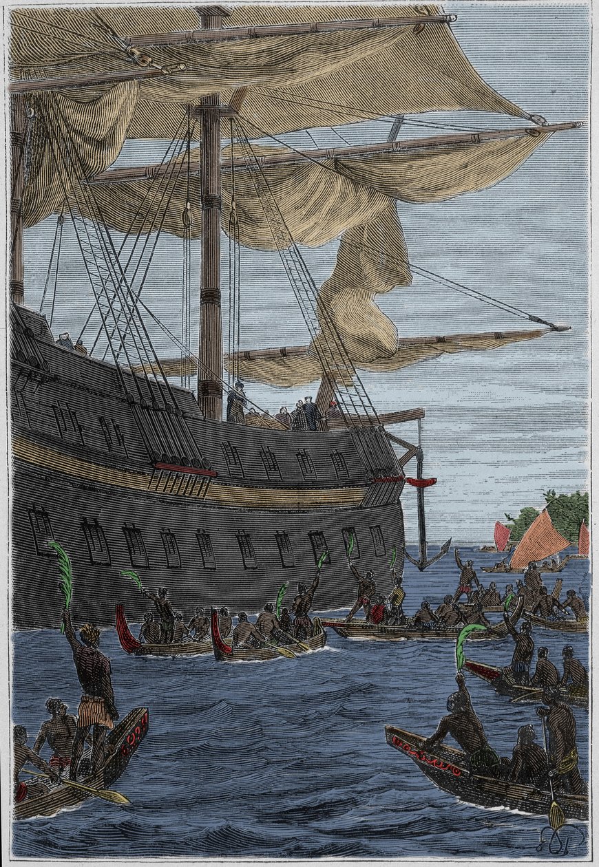 Podróż Samuela Wallisa (1728-1795) do Polinezji: rdzenni mieszkańcy trzymający w ręku gałązki bananowe na powitanie - ilustracja zaczerpnięta z „Wielkich marynarzy XVIII wieku”” autorstwa French School